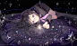  - 186006 anmi black_hair bow glasses headband kneehighs long_hair purple_eyes seifuku skirt stars