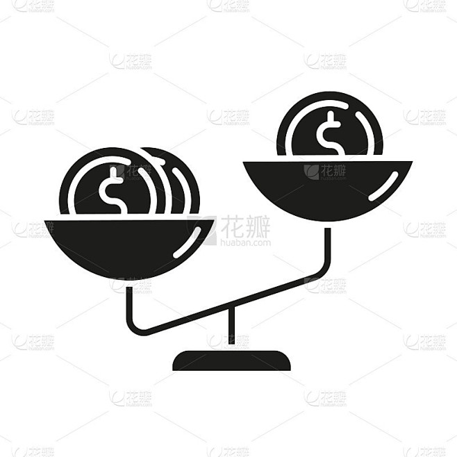 比较价格字形图标。硬币上的鳞片。产品价值比较。财务费用计划。收入和支出。轮廓的象征。负空间。向量孤立