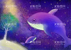 唯美插画  - 源文件下载【酷图网】唯美,插画,背景,简单,简约,卡通,卡通插画,鲸鱼插画,儿童插画,卡通背景