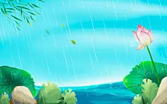 写实下雨天河边荷花池插画24节气雨水春天春分
