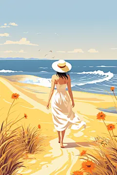 扁平风夏季海边旅行人物插画