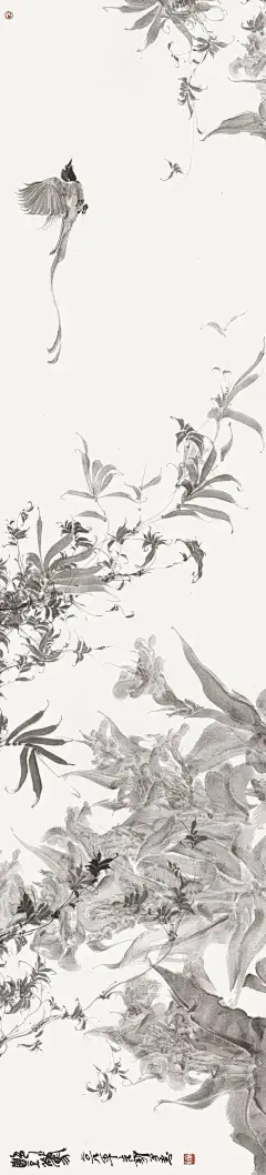 他绘制的人物、山水、花鸟都是用淡墨绘制而成，犹如“水墨雕塑”_作品