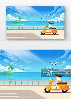 唯美夏日海边风景少女骑行插画图片素材