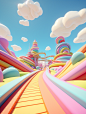 a rainbow colored path in an endless setting, in the style of rendered in cinema4d, kawaii, dynamic structures, whimsical narratives, rollerwave