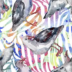 野生鸟类海鸥。野生自由,有飞翔翅膀的鸟。水彩插图集。水彩画时尚水瓶座。无缝的背景模式。织物壁纸打印纹