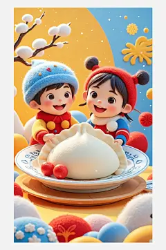 立冬海报设计羊毛毡3D卡通餐盘上