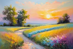 日落夕阳公园景色自然油画插画图片