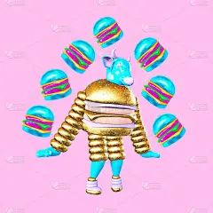 极简风格的拼贴艺术。3d滑稽人物金牛汉堡。快餐的概念