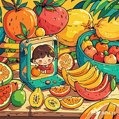 水果场景插画矢量，有小孩子
