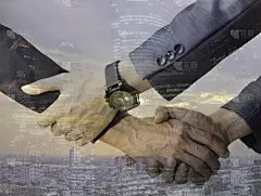 提交的概念。商业伙伴携手帮助，信任，支持，移情和关系营销的因素，以达到成功的成就和会议