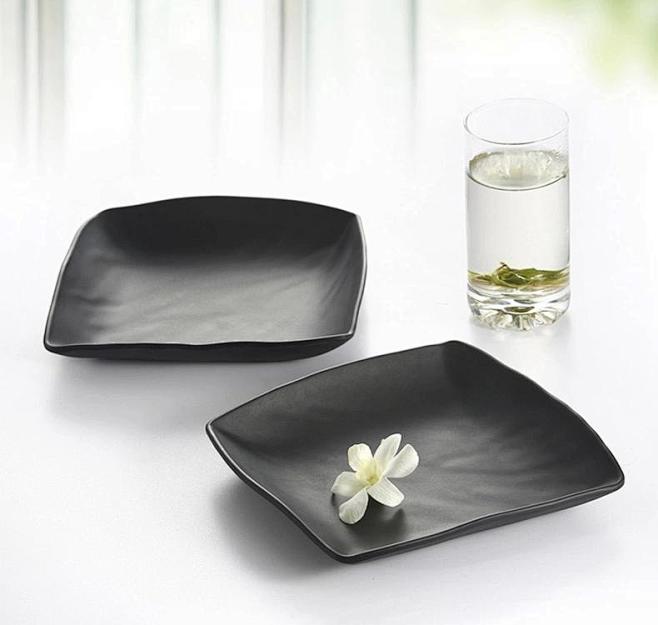 扬格塑料美耐皿黑色磨砂四方炒菜盘子 炒饭...