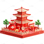 生产素材通用中式红色建筑3D喜庆贴纸元素素材