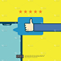 positive good review with hand thumb up symbol on 