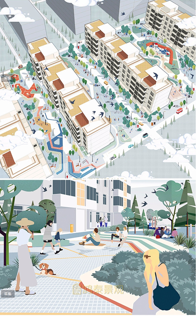 住宅景观小清新插画风PS效果图竞赛透视鸟...