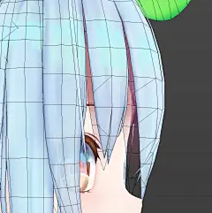 刘海的阴影对象，提供三维效果并跟随头发的运动

其中一个想法是，不是用灯光控制头发的阴影，而是准备一个单独的“阴影对象”作为模型。比如刘海额头的阴影，不是把阴影烤成皮肤表面的纹理，而是在刘海下面放了一个半透明的多边形，这样刘海一晃就会跟着一起。设计使其可以移动，并且可以比使用纹理绘制时更动态地控制阴影。此外，关于头发本身的对象，在这项工作中，头发簇的排列使得头发的轮廓通过用扁平的多边形表现出来而没有塑造背面，从而给人以鲜明的印象。这是创造了许多角色的加速先生独有的承诺