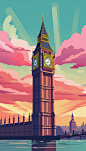 扁平风英国大笨钟城市地标旅游景点插画