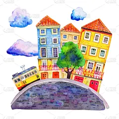 葡萄牙的架构。里斯本街景与石头路面，房屋，有轨电车，树木和云。手绘水彩画古老的石头欧洲房子