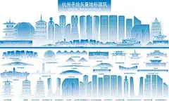 杭州地标建筑杭州城市建筑杭州城市插画中国浙江杭州城市景点合集