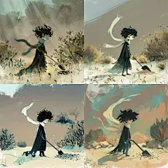 插图全身的小智者人物，带有黑色衣柜和一条长浅色围巾，黑色的波浪状头发，他在开放的空间中用铲子覆盖种子，一些短灌木丛在后台，这是一个早晨的日光。 小王子绘画样式和蓝色，绿色和灯光黄色的调色板。 广角场景