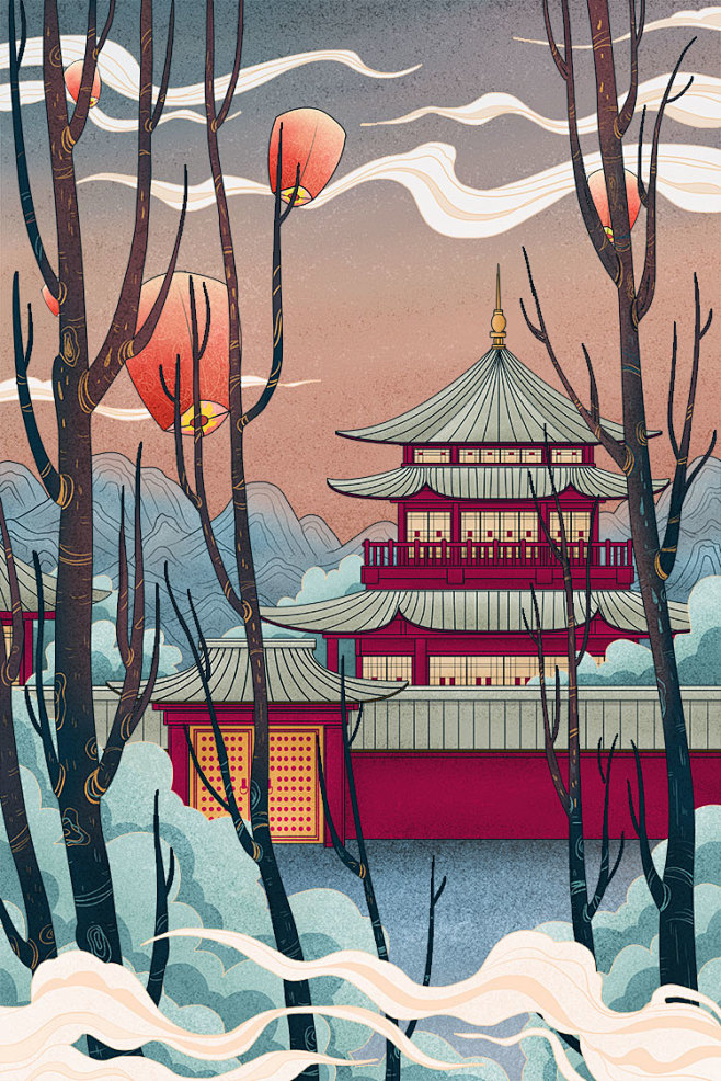 古风国潮中式山水建筑名胜旅行场景手绘插画...