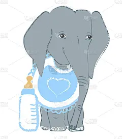 手绘矢量插图与一个可爱的婴儿象喂养瓶庆祝新出生-孤立在白色的背景
