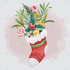 水彩画圣诞花束与袜子