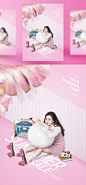 [模库]轮滑美女抱球 相机书籍皮箱 粉色时尚杂志风海报_平面素材_海报