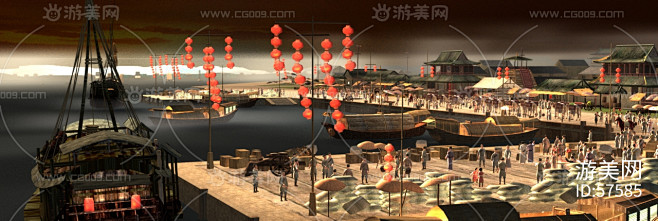 超写实古代货运码头 古代商船 古代人物 古代集市 古代房屋