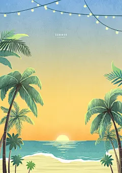 海边夕阳霓虹彩灯棕榈椰树夏季插画海边|夕阳|彩灯|棕榈|椰树|夏季|插画
