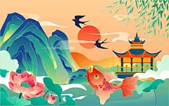 中国风山川亭子燕子荷花西湖国潮风景插画矢量图设计素材