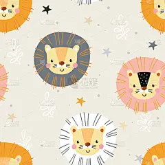 无缝图案与狮子。可爱的小狮子卡通风格。矢量模式。
