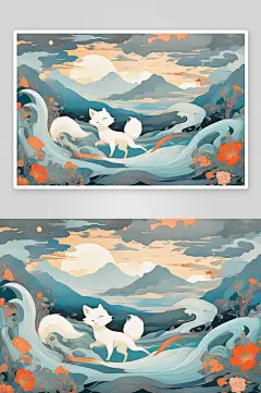 中国白极地狐狸壁画独特妖怪插画风格-众图网