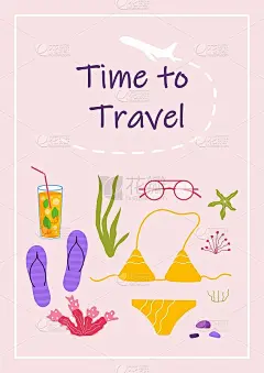 有文字的海报旅行时间和探险旅游的东西。旅行装饰设计与比基尼，衣服，配饰，鞋子。平面卡通现代矢量。