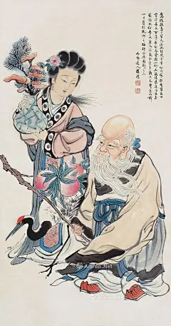 罗聘——《麻姑献寿图》立轴欣赏  |  
清|罗聘(1733-1799)，&quot;扬州八怪&quot;之一。字遯夫，号两峰，又号衣云、花之寺僧、金牛山人、师莲老人等。祖籍安徽歙县，后迁扬州。为金农入室弟子，人物、佛像、山水、花果、梅、兰、竹等，无所不工，笔调奇创，超逸不群，别具一格。妻方婉仪，字白莲，亦擅画梅兰竹石，并工于诗。子允绍、允缵，均善画梅，人称&quot;罗家梅派&quot;。