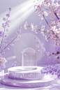 A light purple background with flowers, minimalist stage design style, delicate texture, dreamy scene with light white and violet colors, delicate detail depiction in the style of transparent watercolor, high definition images, a clear product display pod