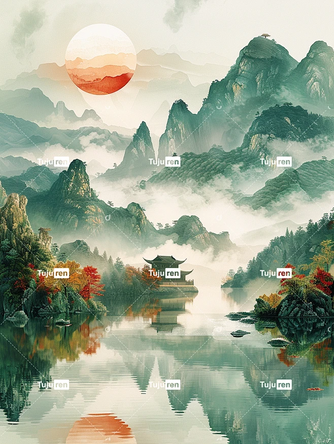浅绿色的背景，浅绿色的山水，天空中飘的云，矢量插图风格，简单-花瓣网