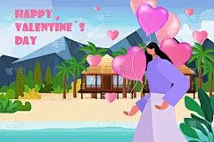快乐的女人与粉红色的气球在热带海滩女孩在爱庆祝快乐的情人节