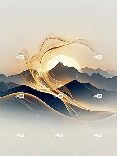 令人惊叹的风景，有发光的日落和山脉。线条清晰、对比度高、极简
