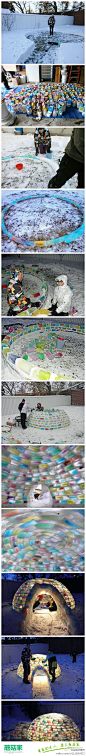 下雪天你堆雪人拍照了吗？弱爆了好吗？瞧瞧人家，用500个在果汁盒中结成的彩色冰砖，砌成彩虹冰屋。没想到果汁盒子还能这么用！(转)