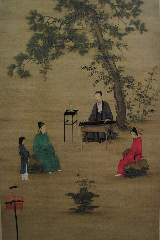 宋徽宗的听琴图弹琴的是宋徽宗本人绿衣听琴的是蔡京旁边的画押是宋徽