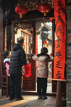 过年贴春联人物摄影图