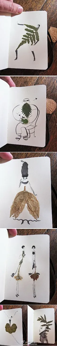 创意叶片绘制：通过简单的绘画与叶片或者小草相结合在一起，变成一幅有趣的小人图，机智和创造性。@北坤人素材