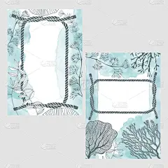 预先设计海洋主题，用海藻，结，绳子，水彩画点和文字的地方。矢量布局装饰贺卡或邀请设计背景。两种不同的