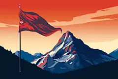 卡通山峦山峰上插着的红旗背景插画