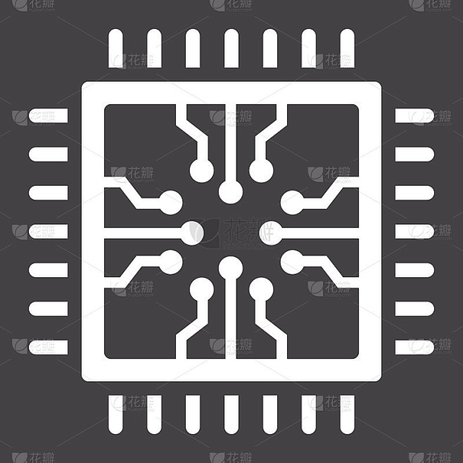 芯片实心图标、电路板和cpu、矢量图形、黑色背景上的字形图案，eps 10。
