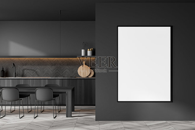 极简主义深灰色厨房与框架模型在墙上照片摄...
