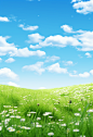a nice green field with flowers and blue sky, in the style of photorealistic renderings, whimsical anime, 32k uhd, high tonal range, fine and detailed, clean-lined, delicate