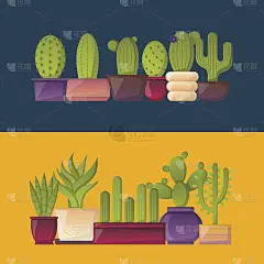 矢量卡通房子植物仙人掌背景