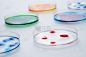 实验室培养皿和各种彩色液体。
