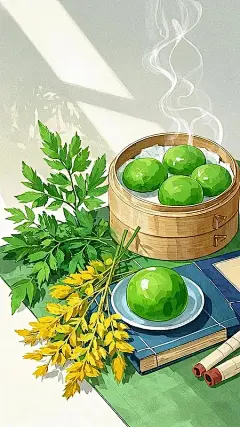 【AI数字艺术】中式点心清明艾草青团插画插画下载
